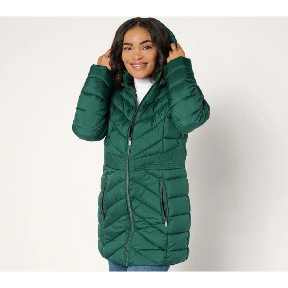 SUSAN GRAVER Women's Water-Resistant Quilted Jacket w/Hood & Waist Detail Size L